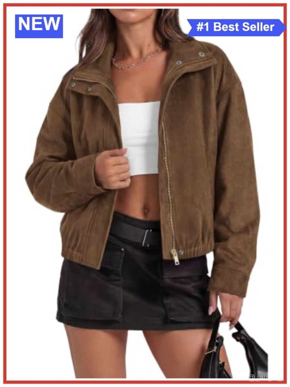 Faux Suede Bomber Jacket Womens Lightweight Zip Up Cropped Coat Outerwear